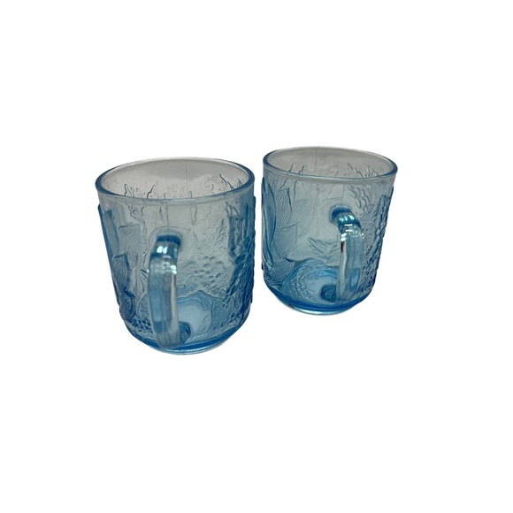 Vintage Fruit Motif Blue Pressed Glass Coffee Mugs Set of 2 - Picture 4 of 6